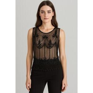 LAURA VOGEL Vintage Silk Shear Sequin Beaded Scalloped Tank Top Blouse Size S